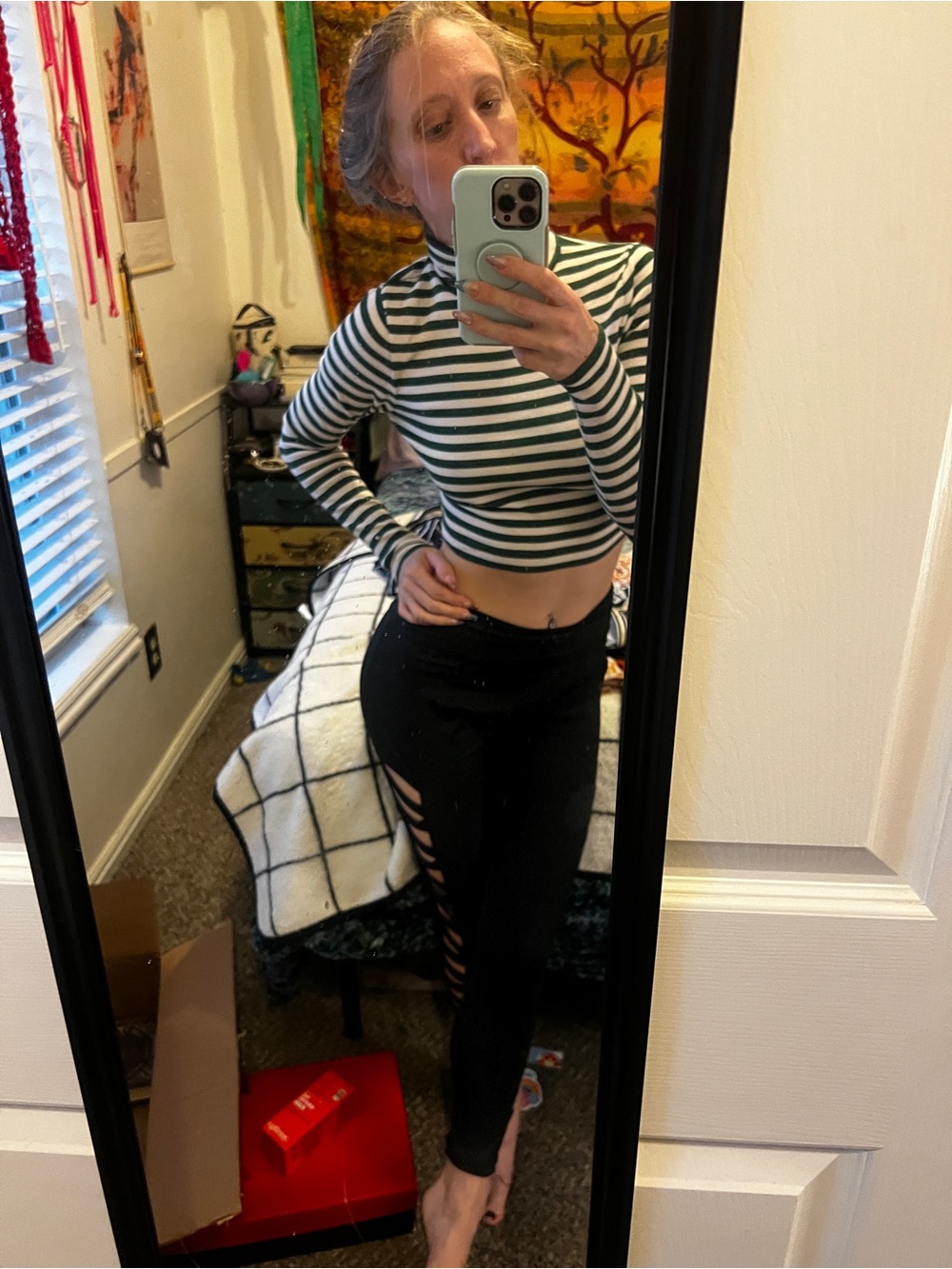 Striped Green and White Cropped Turtleneck Sweater